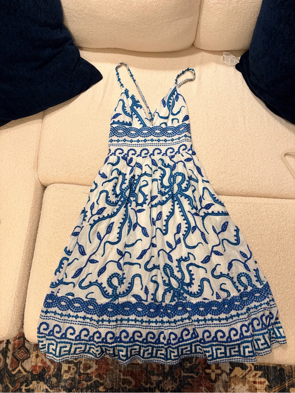 Anthropologie White Maxi Dress with Blue Embroidered Motif